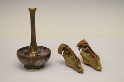Lot 156 - Cloisonné vase and a pair of Chinese embroidered shoes