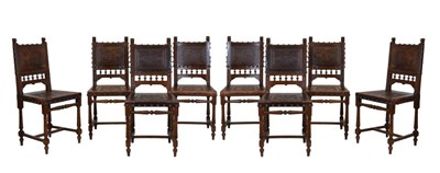 Lot 699 - Set of eight fruitwood and leather chairs