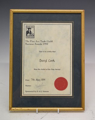 Lot 223 - Beryl Cook Interest - Fine Art Trade Guild 'Artist of the Year Award 1994' certificate