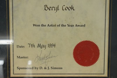 Lot 223 - Beryl Cook Interest - Fine Art Trade Guild 'Artist of the Year Award 1994' certificate