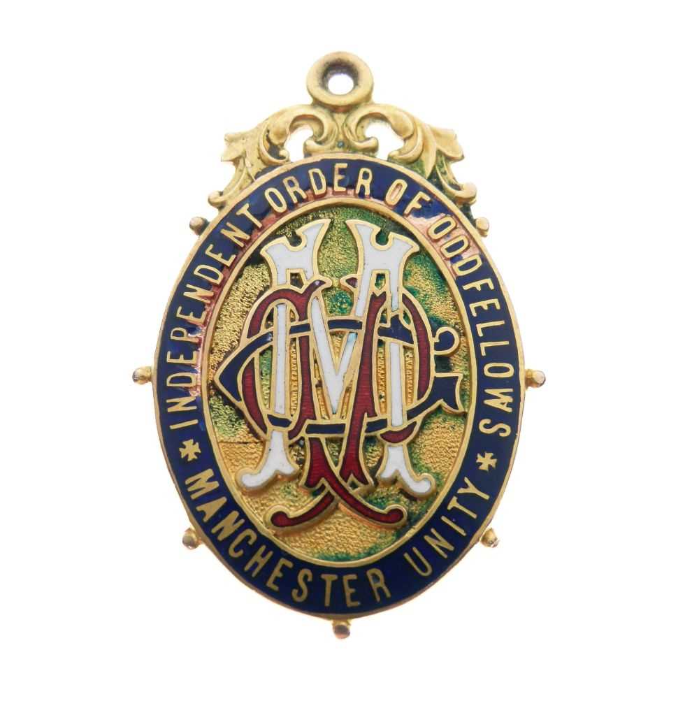 Lot 29 - 9ct  gold and enamel decorated Oddfellows oval form medal