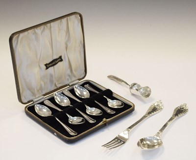 Lot 99 - Cased set of spoons, Victorian spoon and fork and Continental caddy spoon