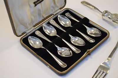 Lot 99 - Cased set of spoons, Victorian spoon and fork and Continental caddy spoon