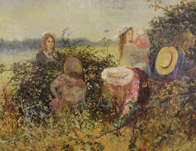 Lot 467 - Oil on canvas - Girls in landscape picking blackberries