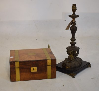 Lot 741 - Brass bound mahogany writing box, and gilt metal table lamp