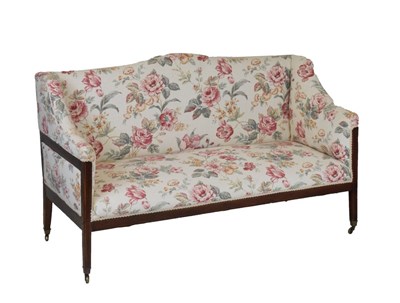 Lot 479 - Early 20th Century line inlaid mahogany and chintz upholstered two-seat sofa