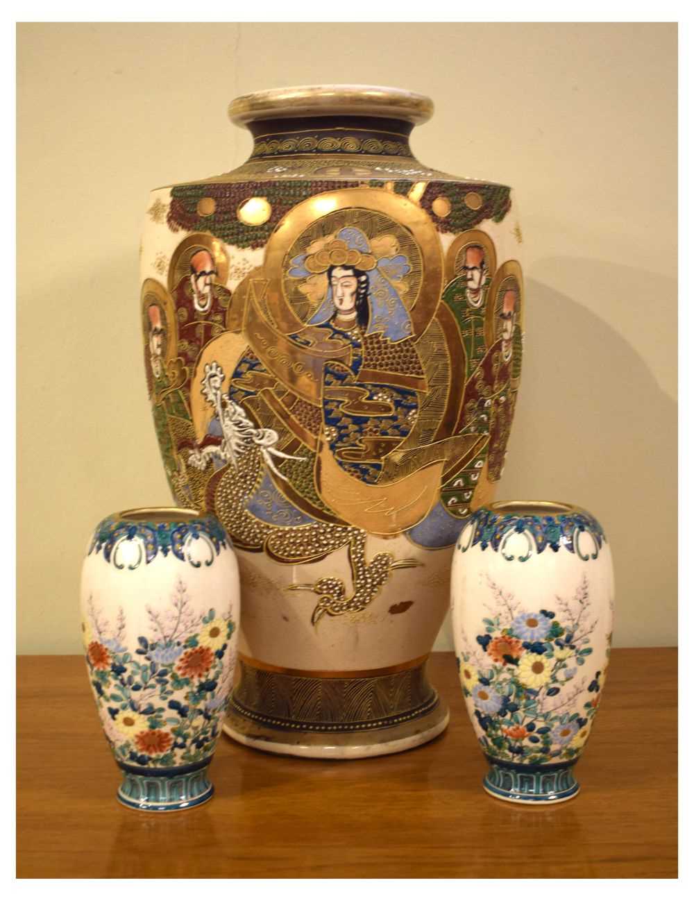 Lot 743 - Large Japanese Satsuma vase and a pair of vases