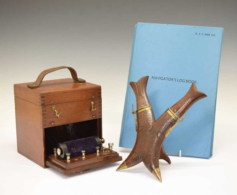 Lot 272 - Carved fish-form double dagger, testing machine and post Second World War Navigator's log book