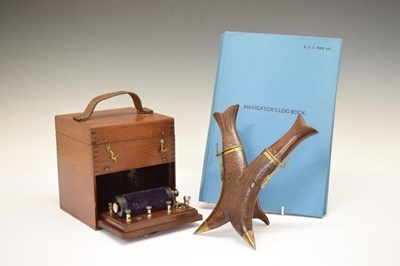 Lot 272 - Carved fish-form double dagger, testing machine and post Second World War Navigator's log book