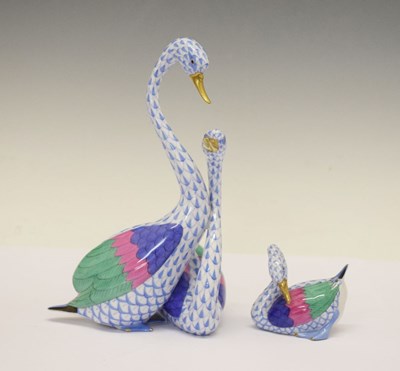 Lot 367 - Herend, Hungary - Porcelain model swan figure group and single model