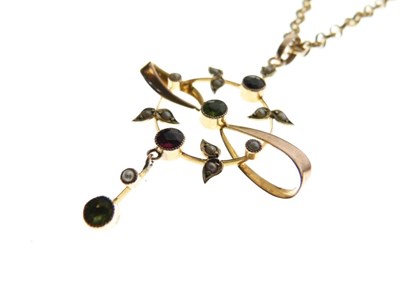 Lot 23 - Edwardian peridot, garnet and seed pearl pendant on chain