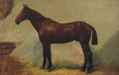 Lot 576 - 19th Century oil on board - Hackney horse in a stable