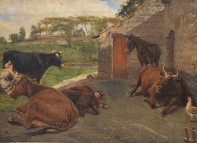 Lot 573 - Eyre Crowe, (1824-1910) - Oil on canvas - Milkmaid with cattle