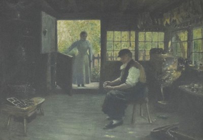 Lot 596 - A. Leicester Burroughs (fl.1881-1916) - Oil on canvas - 'The Village Shoemaker'