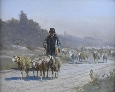 Lot 582 - Attributed to Gustav Ranzoni, (Austrian, 1826-1900) - Oil on board - Shepherd with flock