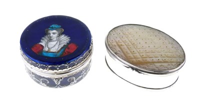Lot 108 - 19th Century French white metal and enamel circular box and mother of pearl box