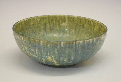 Lot 420 - Ruskin Pottery - blue and yellow matt glaze trial bowl