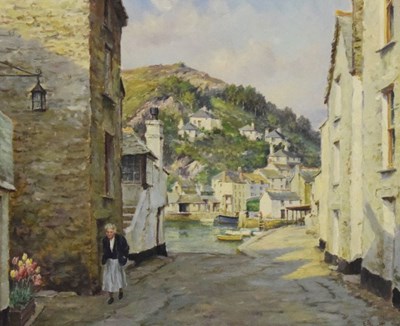 Lot 606 - Frank George Trott, (1884-1957) - Oil on canvas - 'Polperro, The Road to the Harbour'