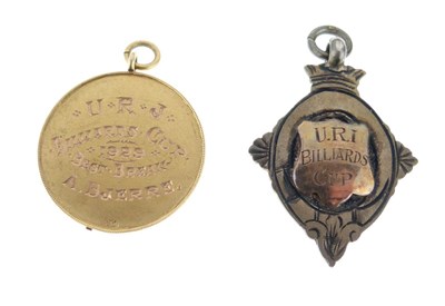 Lot 258 - URJ Billiard best break 9ct gold medal, 1929 and silver medal