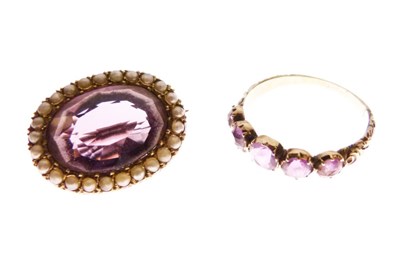 Lot 58 - Unmarked seed pearl, and amethyst brooch and a similar ring