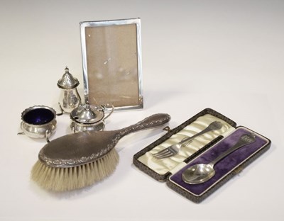 Lot 166 - Quantity of sundry silver to include; picture frame, brush, condiment set, etc