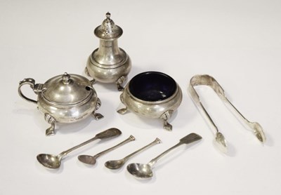 Lot 167 - Sundry silver to include; Victorian sugar tongs, three-piece condiment set, etc.