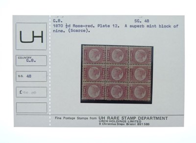 Lot 208 - GB - Queen Victoria 1870 ½d rose-red, plate 12, mint block of nine stamps (SG48)