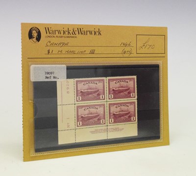 Lot 218 - Canada - 1946 $1 block of four corner marginal postage stamps