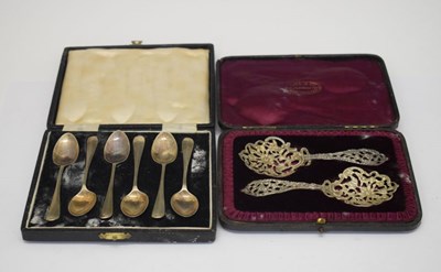 Lot 157 - Cased set of George VI silver teaspoons and pair decorative spoons