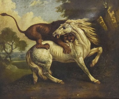 Lot 574 - Follower of George Stubbs (1724-1806) - Oil on canvas - Lion fighting a horse