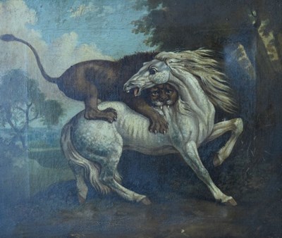Lot 574 - Follower of George Stubbs (1724-1806) - Oil on canvas - Lion fighting a horse
