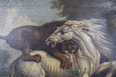 Lot 574 - Follower of George Stubbs (1724-1806) - Oil on canvas - Lion fighting a horse