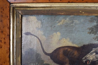 Lot 574 - Follower of George Stubbs (1724-1806) - Oil on canvas - Lion fighting a horse