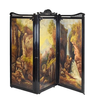 Lot 662 - Late Victorian or Edwardian ebonised painted three-fold dressing screen