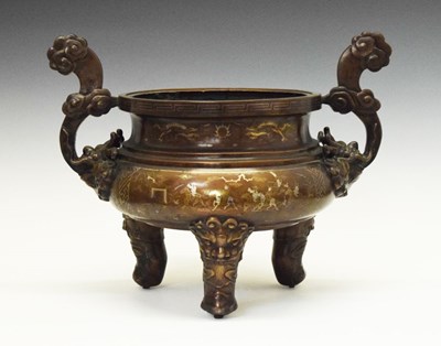 Lot 317 - Impressive Chinese inlaid bronze tripod censer