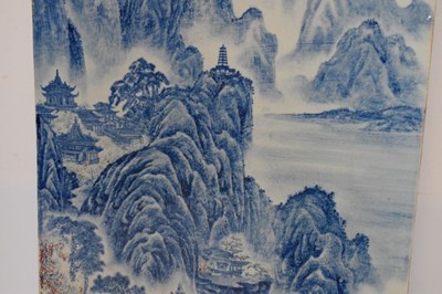 Lot 292 - Impressive Chinese blue and copper red-decorated porcelain landscape plaque