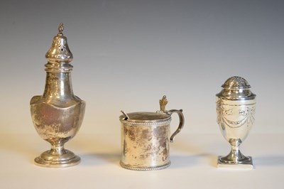 Lot 271 - Silver mustard pot and spoon, caster and pepperette