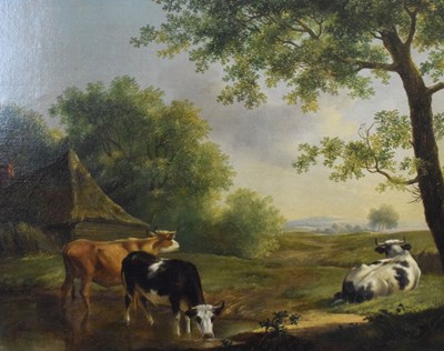 Lot 571 - Circle of William Shayer - Oil on canvas - Cattle watering