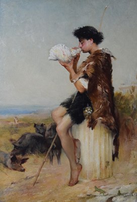 Lot 581 - William Ewart Lockhart - Oil on board - The Swineherd