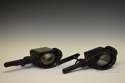 Lot 370 - Pair of old black painted coach lamps