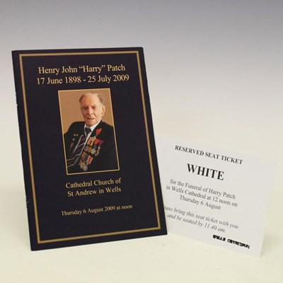 Lot 465 - Harry Patch (1898-2009) 'The last WWI Tommy' Funeral Order of Service and ticket