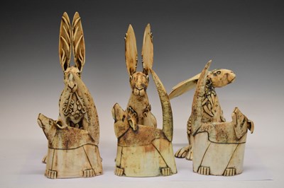 Lot 543 - Jan Beeney - Three stoneware hares and three dogs