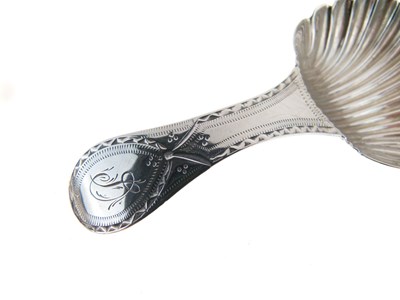 Lot 70 - George III silver caddy spoon with shell bowl and bright cut decoration