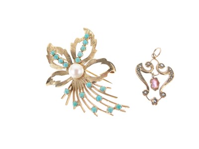 Lot 148 - 9ct gold floral spray brooch set with a pearl and turquoise cabochons, and a 9ct gold seed pearl and amethyst set pendant
