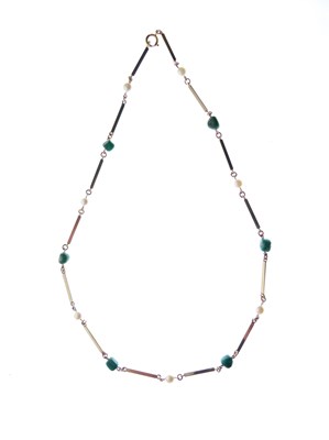 Lot 73 - 9ct gold, pearl and green stone necklace