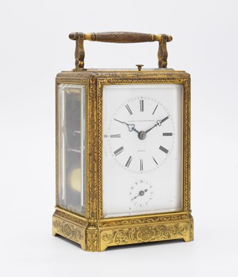 Lot 458 - Mid 19th Century Aubert & Klaftenberger engraved brass repeater carriage clock with alarm