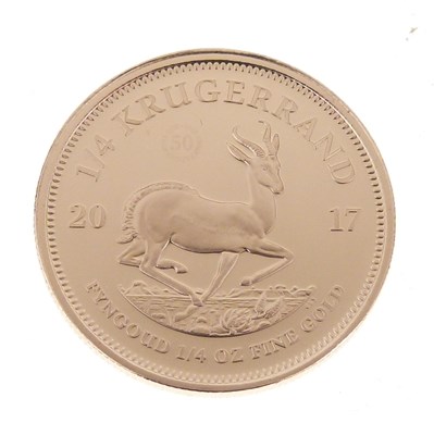 Lot 122 - South Africa 50th Anniversary quarter ounce gold proof Krugerrand, 2017