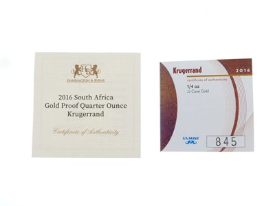 Lot 124 - South Africa quarter ounce gold proof Krugerrand, 2016