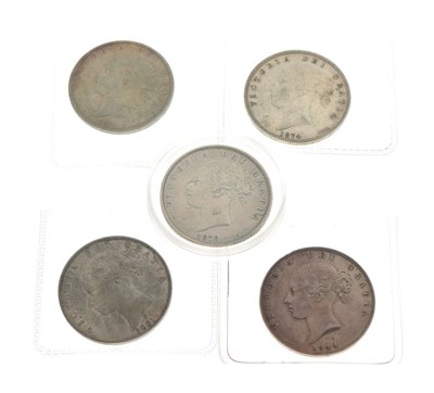 Lot 179 - Coins -  Queen Victoria five half-crowns 1844, 1874, 1878, 1881, & 1887, (5)