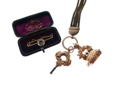 Lot 188 - Gilt Albertina with fob seal, and an amethyst and seed pearl set bar brooch